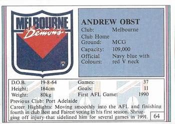 1992 AFL Regina #64 Andrew Obst Back